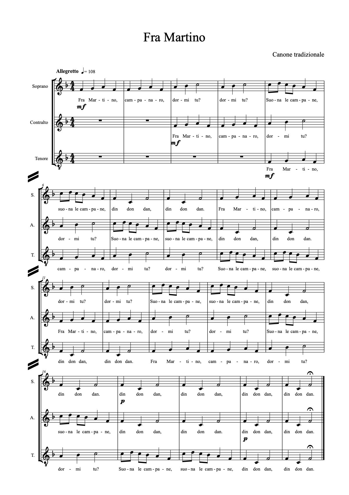Prima pagina della partitura di Fra Martino