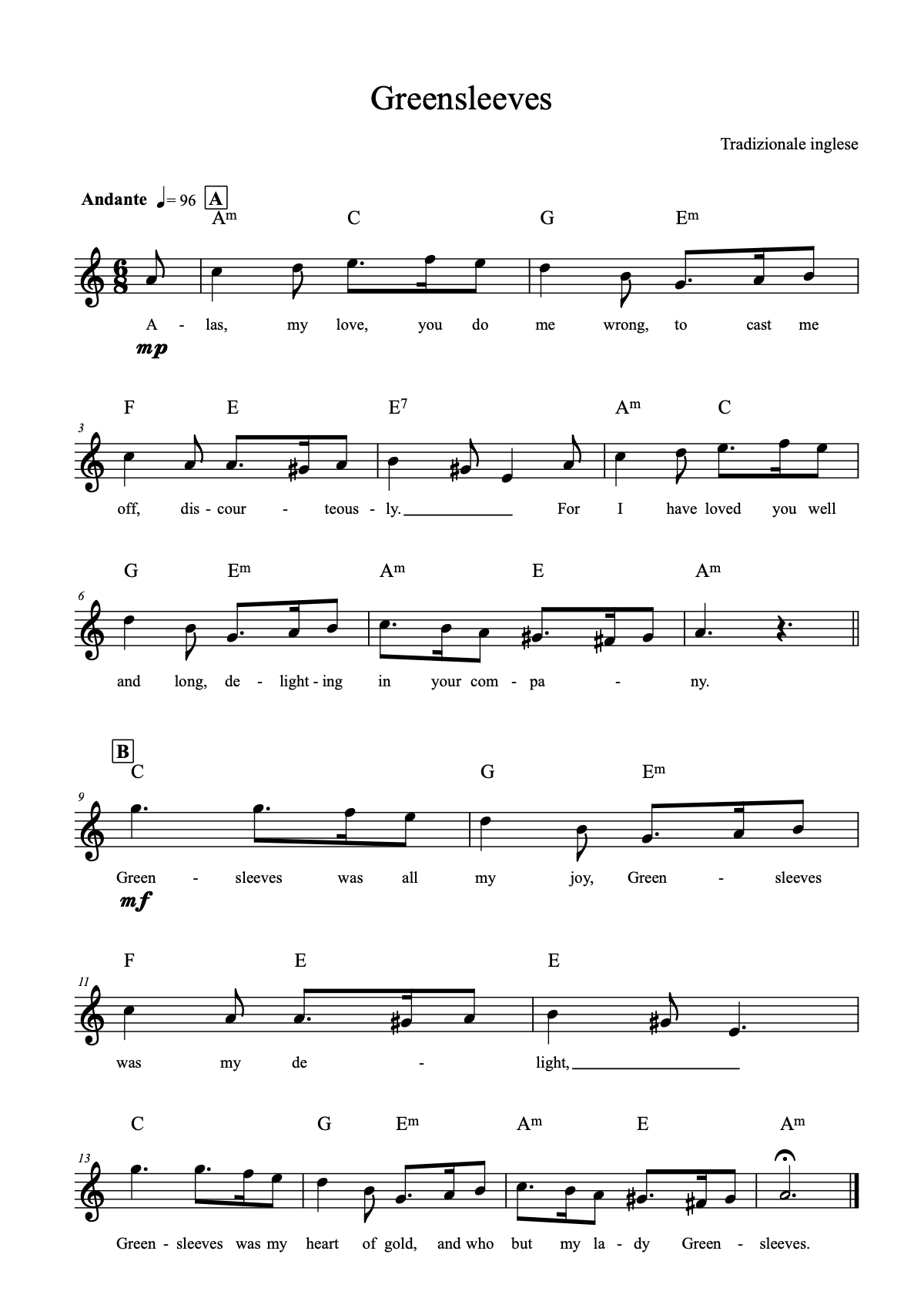 Prima pagina della partitura di Greensleeves